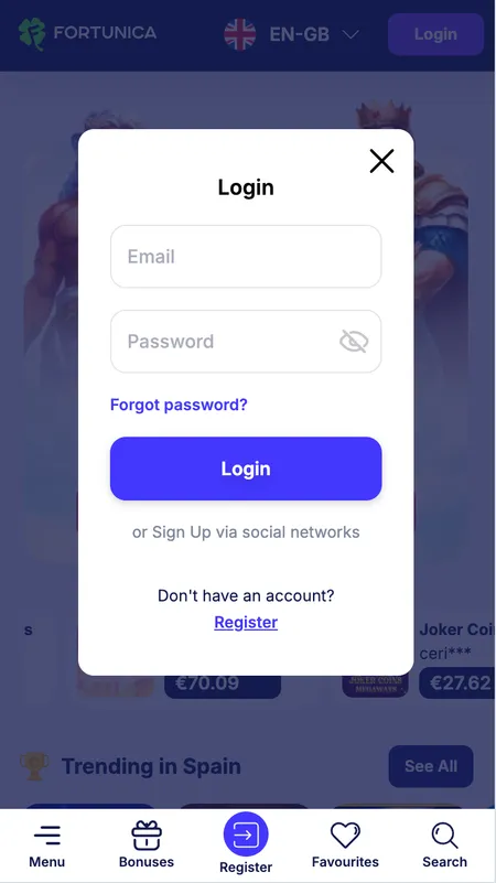Fortunica Casino login form on screen