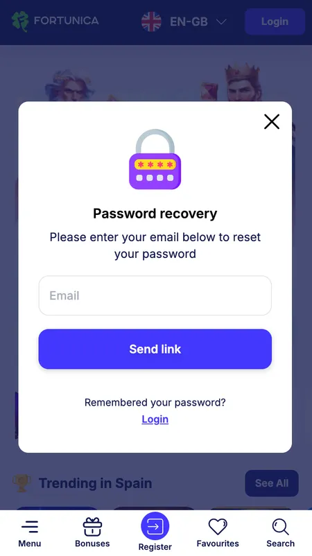 Password reset screen with email field